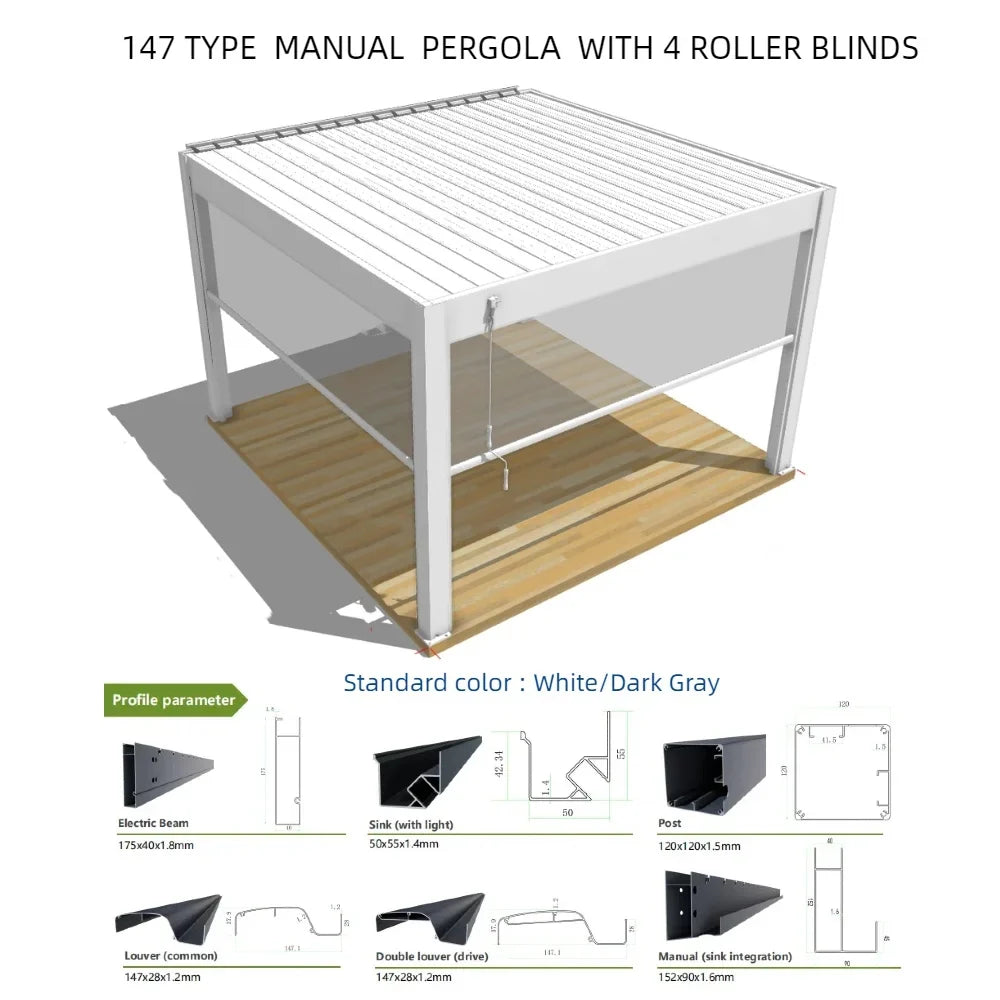 Bioclimatic Aluminum Pergola 3x4m/10x13ft Manual flip louvered roof with roller blinds gazebo canopy carport garden