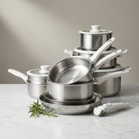 21Pcs Tri-Ply Stainless Steel Cookware Set with Detachable Handle | Pots and Pans Set, Even Heating, Non-Toxic, Induction Compatible, Dishwasher& Oven Safe, Space Saving, Camping Cooking, White — Studio Shot