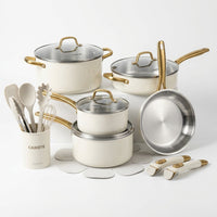 21Pcs Tri-Ply Stainless Steel Cookware Set with Detachable Handle | Pots and Pans Set, Even Heating, Non-Toxic, Induction Compatible, Dishwasher& Oven Safe, Space Saving, Camping Cooking, White — Studio Shot
