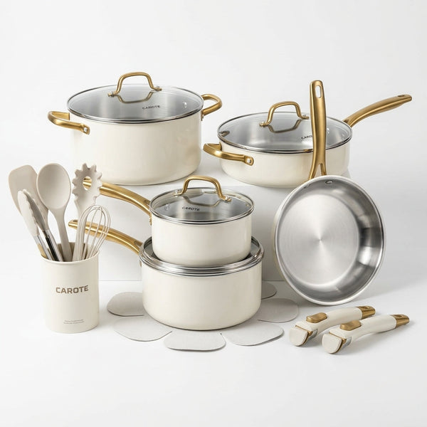 21Pcs Tri-Ply Stainless Steel Cookware Set with Detachable Handle | Pots and Pans Set, Even Heating, Non-Toxic, Induction Compatible, Dishwasher& Oven Safe, Space Saving, Camping Cooking, White — Studio Shot