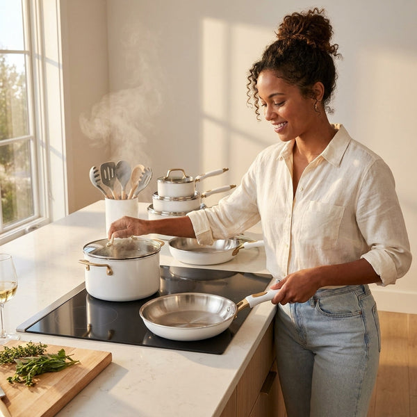 Stainless Steel Cookware Set Built to Distribute Heat Evenly, Tri-Ply Construction, Detachable Handles, 21 Pieces