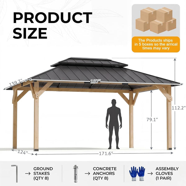 12' X 16' Wooden Gazebo,Patio Hardtop DIY Color Gazebo Wood | Permanent Pavilion with Galvanized Steel Double Metal Roof for Backyard, Deck(Windproof, Snow-Load Bearing, Rustproof)