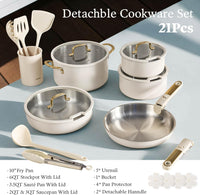 21Pcs Tri-Ply Stainless Steel Cookware Set with Detachable Handle | Pots and Pans Set, Even Heating, Non-Toxic, Induction Compatible, Dishwasher& Oven Safe, Space Saving, Camping Cooking, White