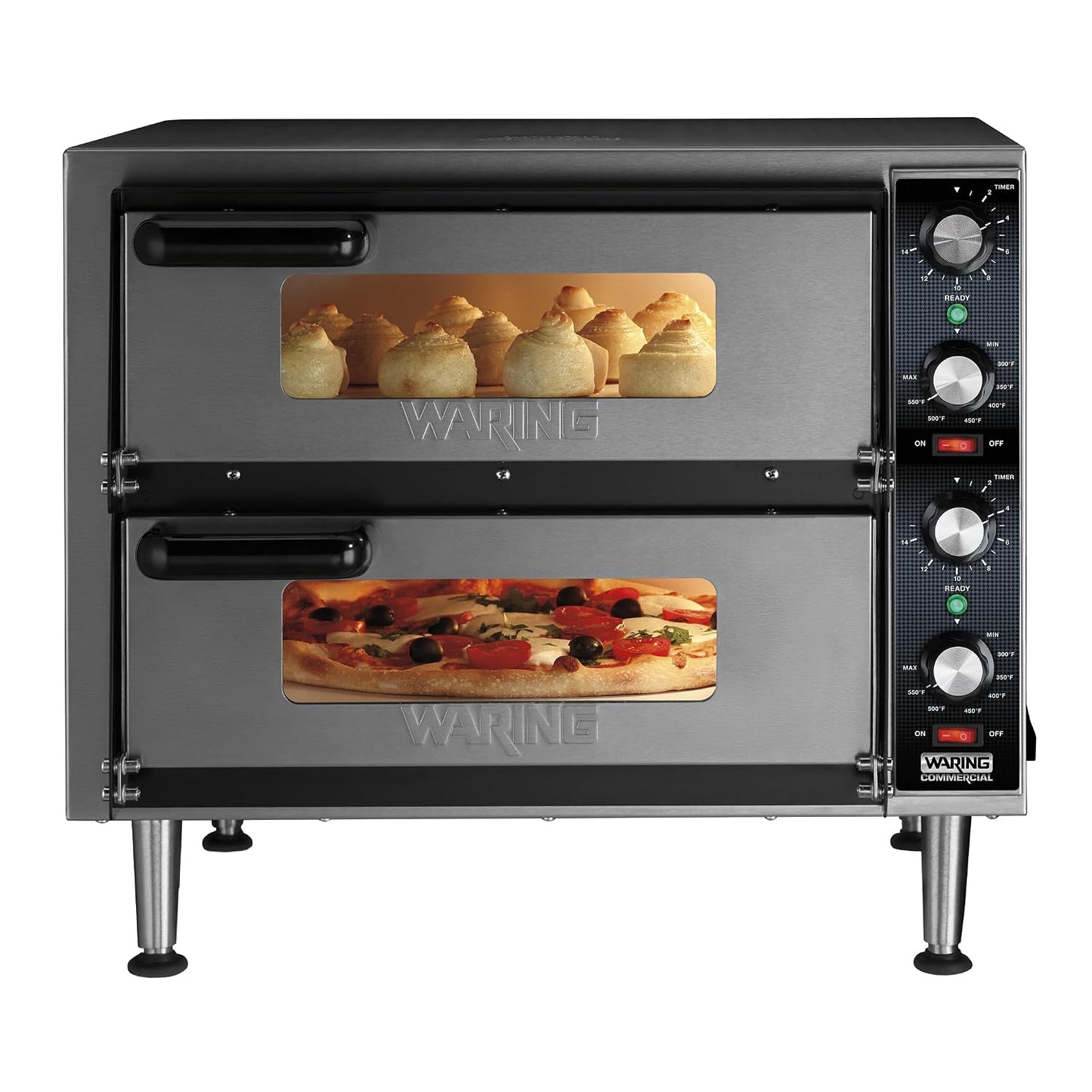 Pizza Oven with Independent Double-Deck & 14" Pizza Deck | Independent Double-Deck Ovens, Ceramic Pizza Deck Fits a 14" Pizza, 280-600°F Temperature Control, 240V