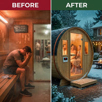 Outdoor Traditional Barrel Sauna | 4-6 Person Wood Sauna, Steam and Wet Sauna with 220V with 6KW Electric Heater, Sauna Stone — Before & After