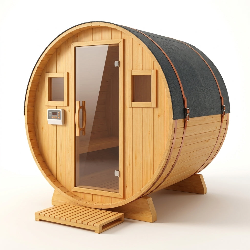 Outdoor Traditional Barrel Sauna | 4-6 Person Wood Sauna, Steam and Wet Sauna with 220V with 6KW Electric Heater, Sauna Stone — Studio Shot