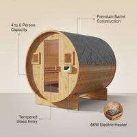 Outdoor Traditional Barrel Sauna | 4-6 Person Wood Sauna, Steam and Wet Sauna with 220V with 6KW Electric Heater, Sauna Stone — infographic
