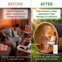 Paxton 4-6 Person Traditional Cedar Outdoor Barrel Sauna with Electric Sauna Heater, Front Porch, Sauna Rocks, Dry Heat, Steam Sauna, LED Lights, Wi-Fi Panel, Sauna Accessories — Before & After