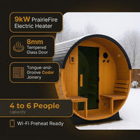 Paxton 4-6 Person Traditional Cedar Outdoor Barrel Sauna with Electric Sauna Heater, Front Porch, Sauna Rocks, Dry Heat, Steam Sauna, LED Lights, Wi-Fi Panel, Sauna Accessories — Results & Stats
