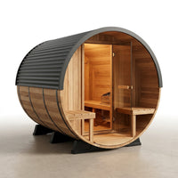 Paxton 4-6 Person Traditional Cedar Outdoor Barrel Sauna with Electric Sauna Heater, Front Porch, Sauna Rocks, Dry Heat, Steam Sauna, LED Lights, Wi-Fi Panel, Sauna Accessories — Studio Shot