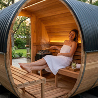Paxton 4-6 Person Traditional Cedar Outdoor Barrel Sauna with Electric Sauna Heater, Front Porch, Sauna Rocks, Dry Heat, Steam Sauna, LED Lights, Wi-Fi Panel, Sauna Accessories — Lifestyle