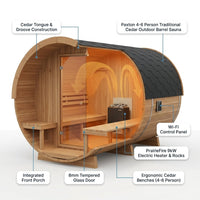 Paxton 4-6 Person Traditional Cedar Outdoor Barrel Sauna with Electric Sauna Heater, Front Porch, Sauna Rocks, Dry Heat, Steam Sauna, LED Lights, Wi-Fi Panel, Sauna Accessories — How It Works