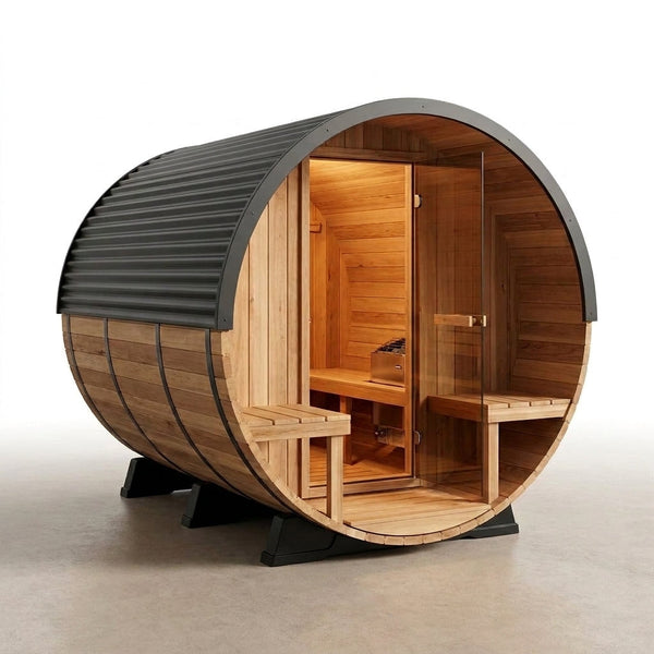Traditional Cedar Sauna Built for Wellness Recovery, 9kW Electric Heater, Wi-Fi Controls, Front Porch, 4-6 Person — Studio Shot