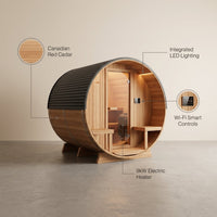 Traditional Cedar Sauna Built for Wellness Recovery, 9kW Electric Heater, Wi-Fi Controls, Front Porch, 4-6 Person — infographic