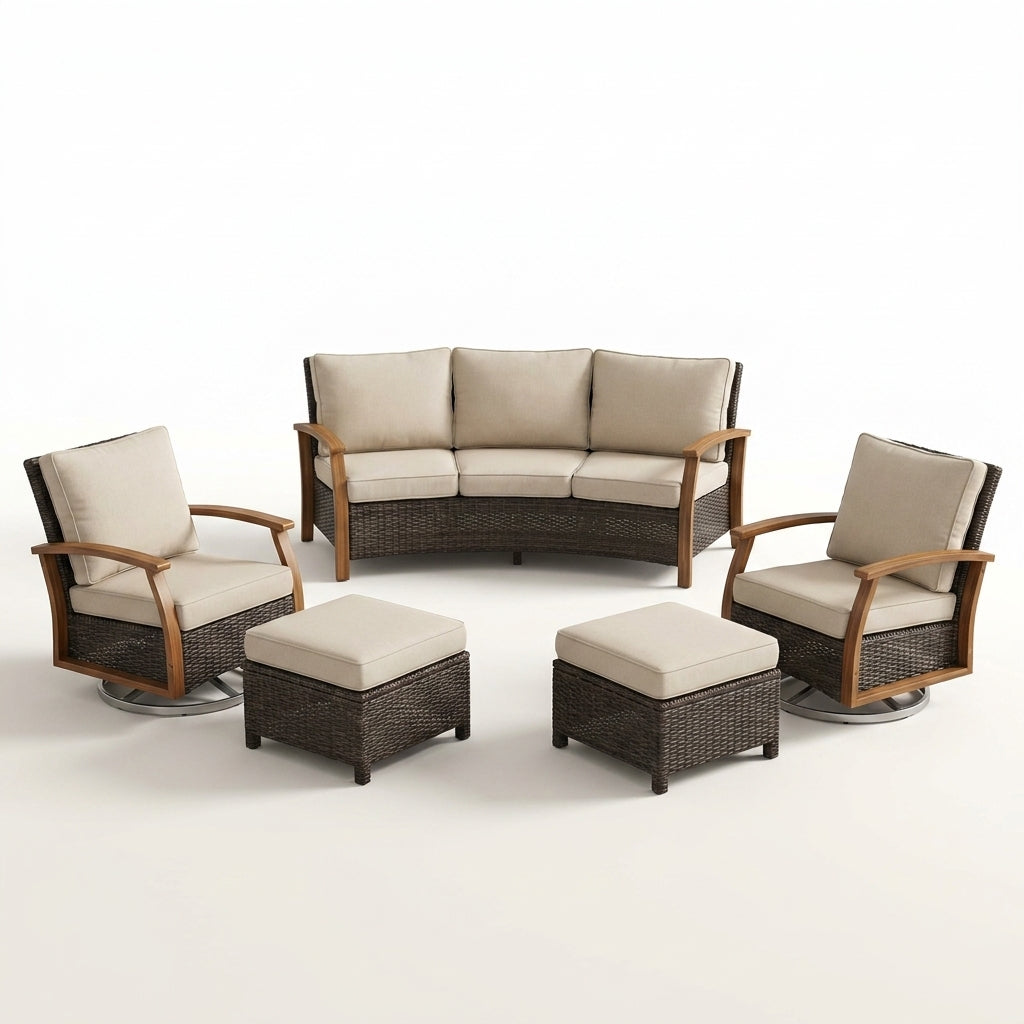 Wicker Patio Furniture Sets,5 Pieces Outdoor Conversation Sets with Swivel Rocker Chairs Sofa and Ottomans for Deck Porch Poolside — Studio Shot