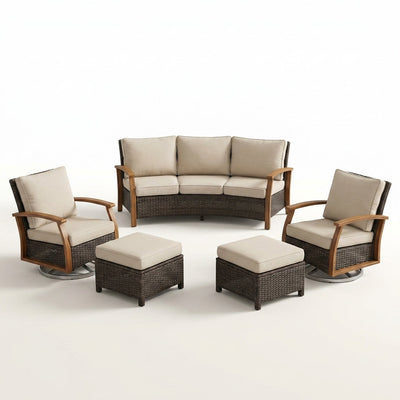 Outdoor Conversation Set Built for Comfort, 5-Piece Wicker, Swivel Rocker Chairs, 50,000 BTU Fire Pit