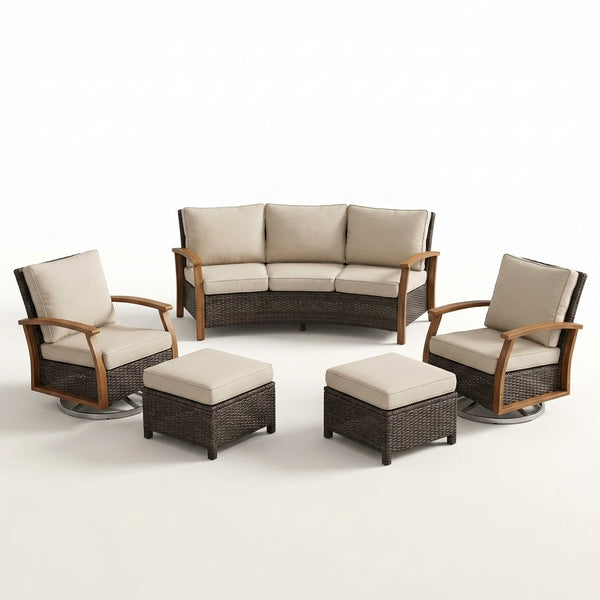 Wicker Patio Furniture Sets,5 Pieces Outdoor Conversation Sets with Swivel Rocker Chairs Sofa and Ottomans for Deck Porch Poolside — Studio Shot