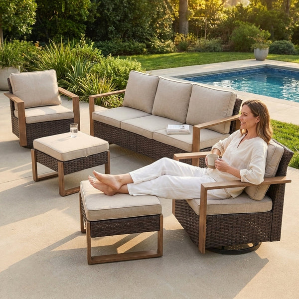 Outdoor Conversation Set Built for Comfort, 5-Piece Wicker, Swivel Rocker Chairs, 50,000 BTU Fire Pit