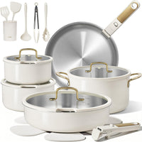 21Pcs Tri-Ply Stainless Steel Cookware Set with Detachable Handle | Pots and Pans Set, Even Heating, Non-Toxic, Induction Compatible, Dishwasher& Oven Safe, Space Saving, Camping Cooking, White