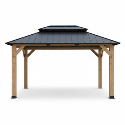 12' X 16' Wooden Gazebo,Patio Hardtop DIY Color Gazebo Wood | Permanent Pavilion with Galvanized Steel Double Metal Roof for Backyard, Deck(Windproof, Snow-Load Bearing, Rustproof)