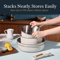 21Pcs Tri-Ply Stainless Steel Cookware Set with Detachable Handle | Pots and Pans Set, Even Heating, Non-Toxic, Induction Compatible, Dishwasher& Oven Safe, Space Saving, Camping Cooking, White